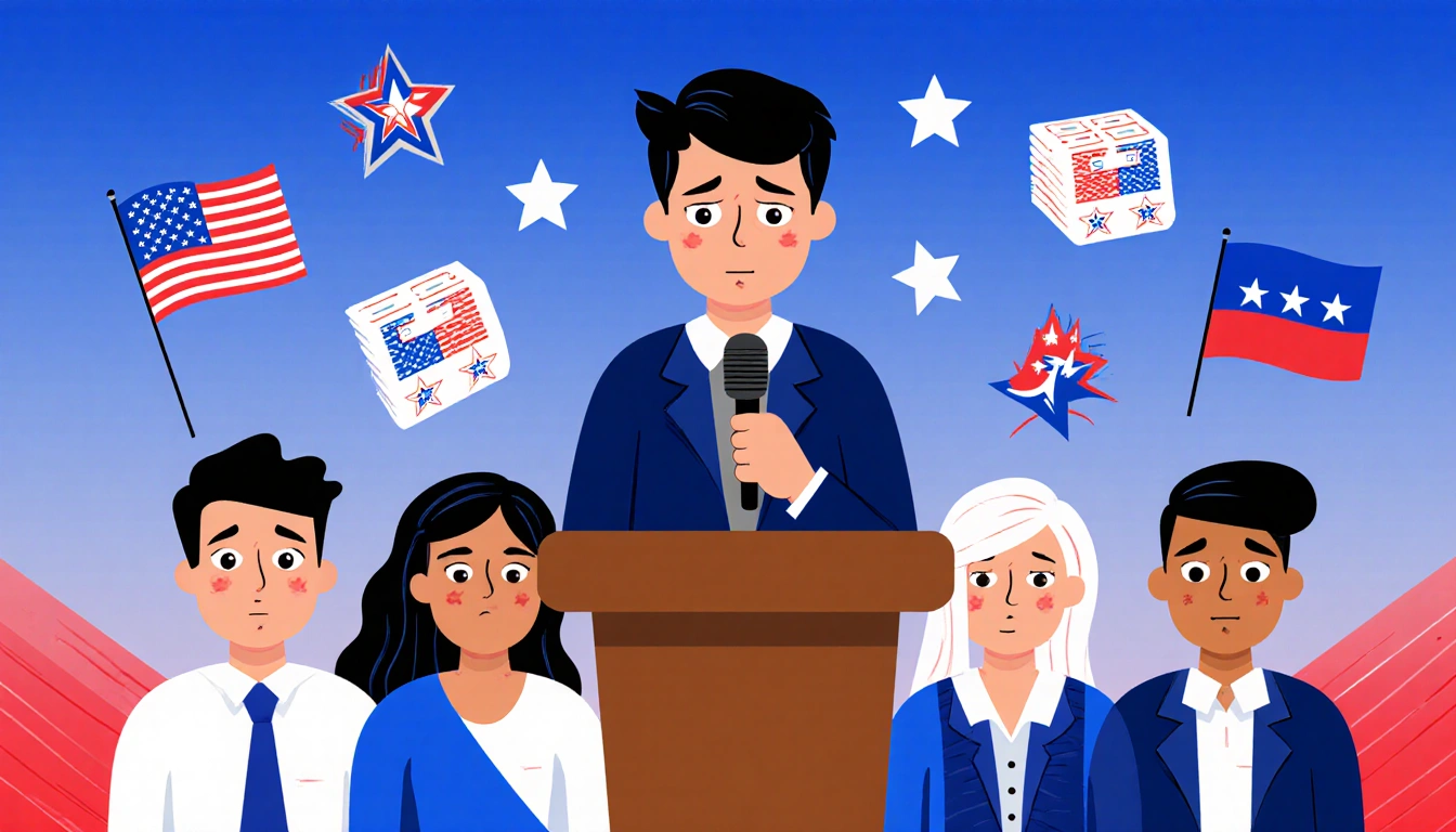 Speaker addressing audience with microphone and ballots amid flags in a blue red background emphasizing democratic urgency.