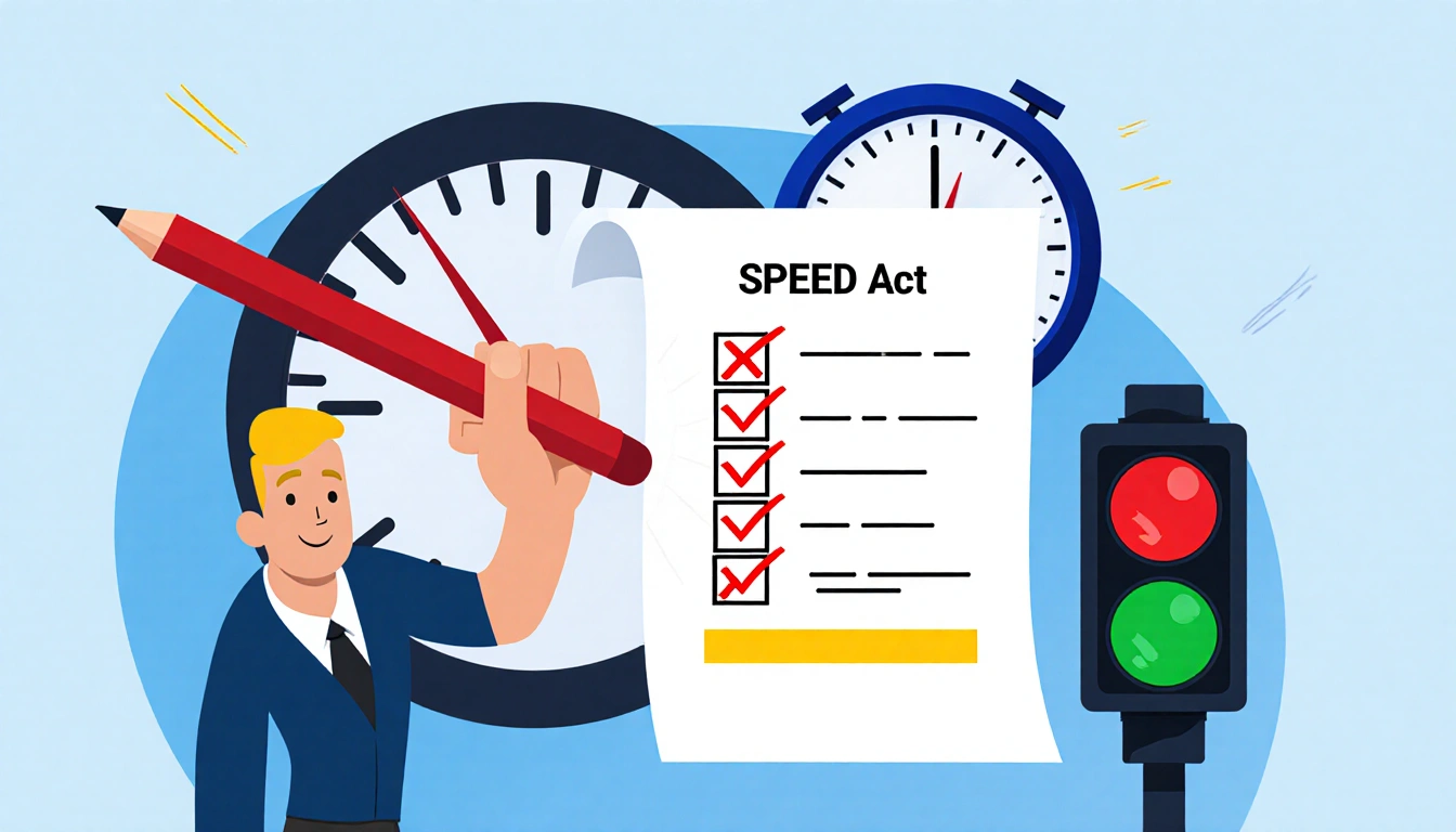 Figure crossing out energy assessments with red pen while speedometer indicates near green light SPEED Act.