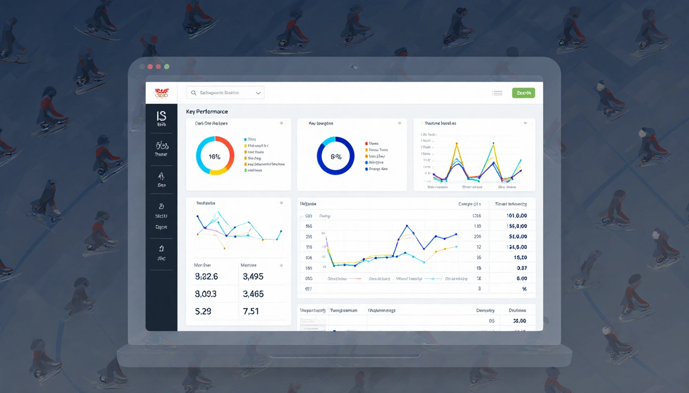 Computer screen shows speed skating dashboard with charts and times and background pattern of subtle ice skates