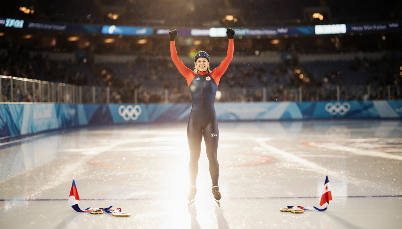 Aaron Jackson triumphantly raising arms at speed skating finish line with reflected ice lights and gold medals near her