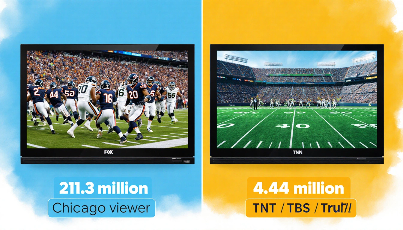 Two split TV screens compare broadcasts with Bears on Fox drawing 21.3 million viewers and Oregon on TNT/TBS/truTV with 4.4 m