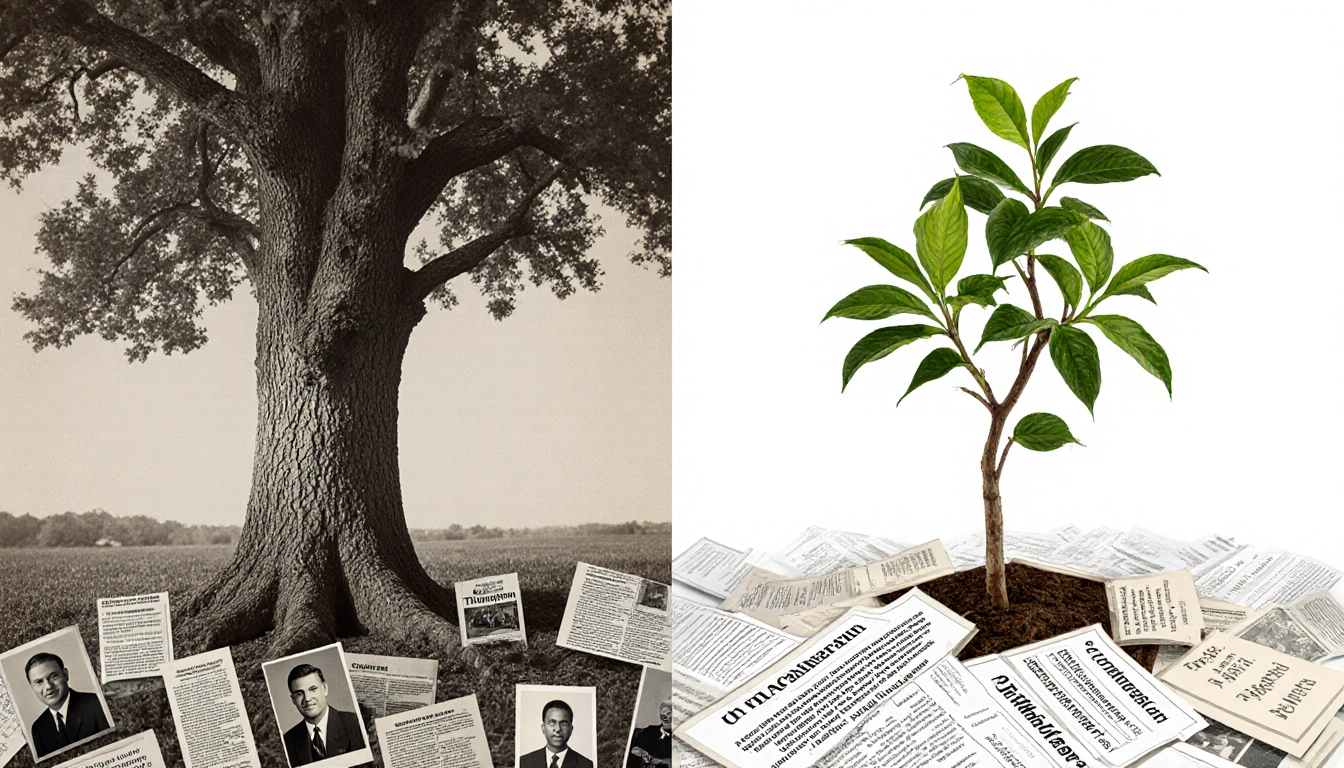 Tree rooted in earth with Bennie Thompson photos on one side and sapling sprouting new branches with technology papers on the