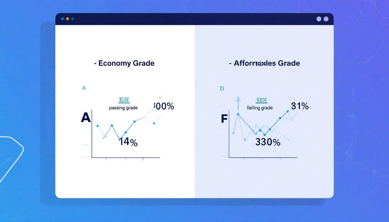 Split screen illustrates economic disparity with two bar graphs showing economy barometer and affordability in muted colors.