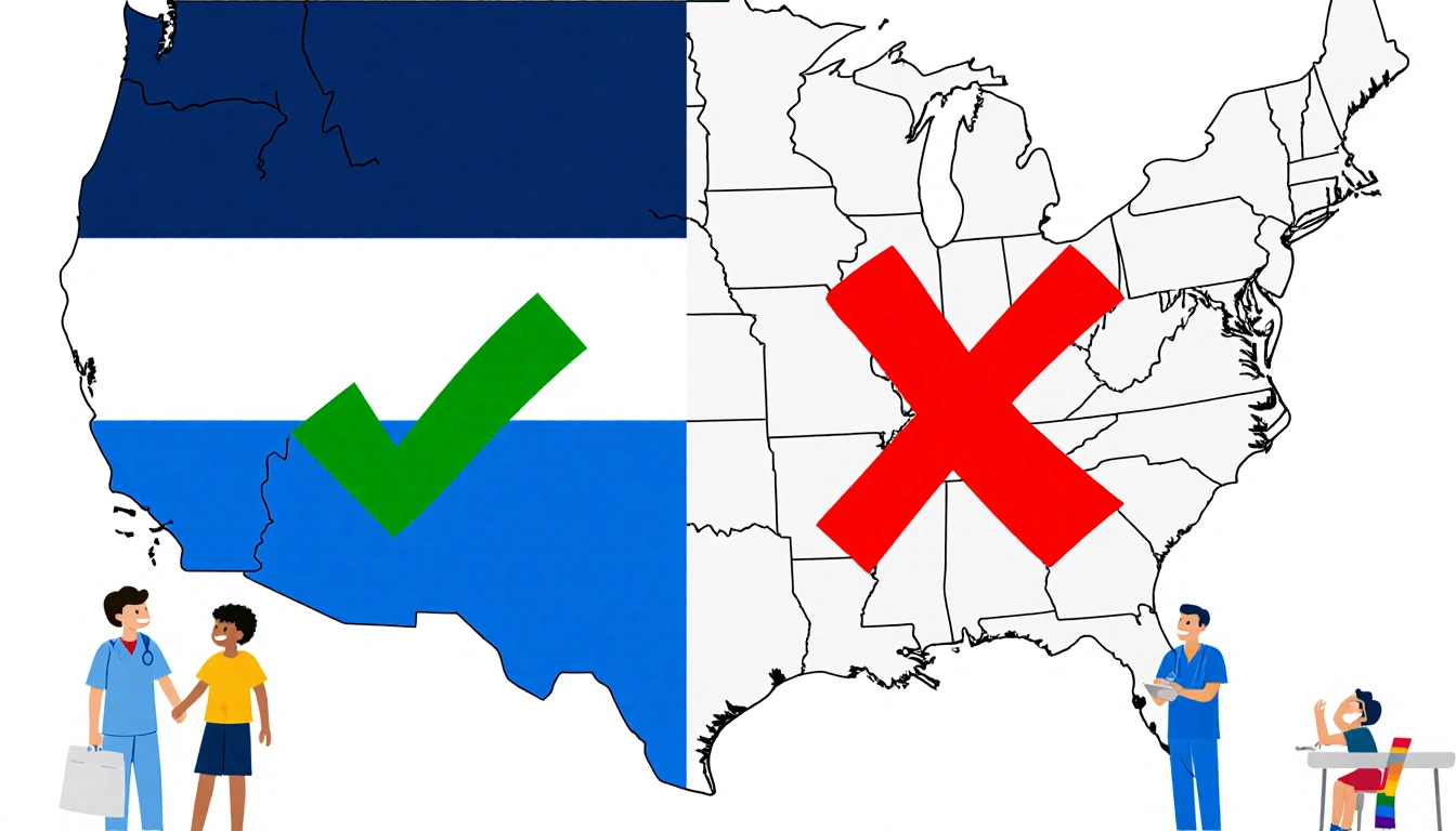 Illustration juxtaposes flags with green checkmark and red X symbols and shows children and healthcare workers