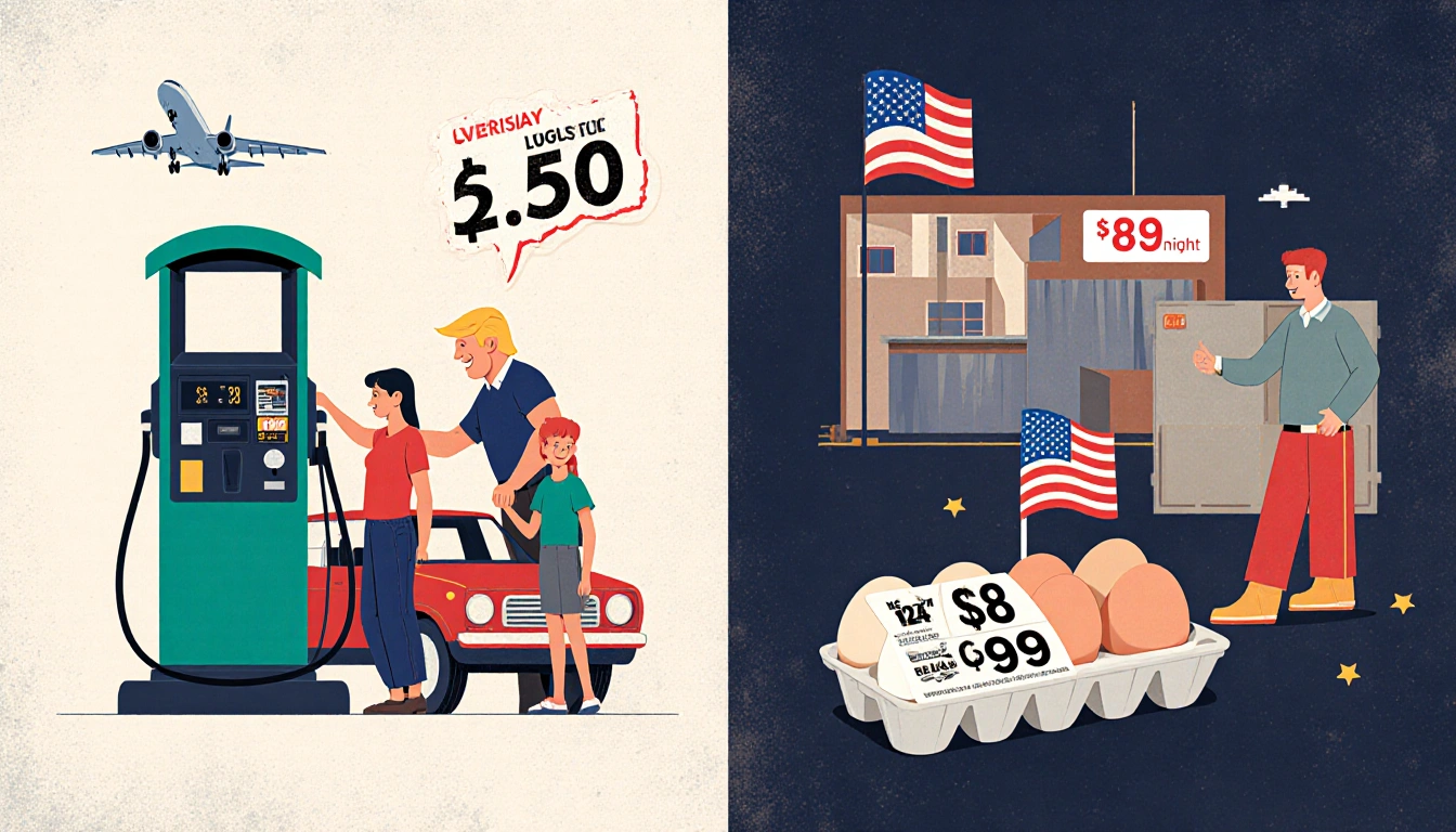 Family filling gas pump with $2.50 tag and egg carton showing $1.99 near flag