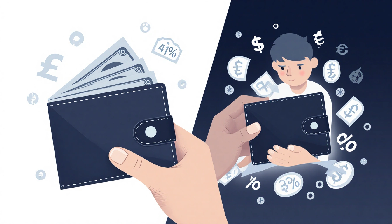 Person holding wallet with 41% cash shows financial stability; another holds empty wallet with 35% remaining indicating decli