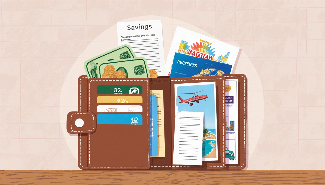 Illustration shows split wallet on wooden table with cash on left and credit cards on right in pastel colors