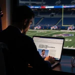 Sports journalist reads injury article on laptop with glowing screen and Bills field visible through window