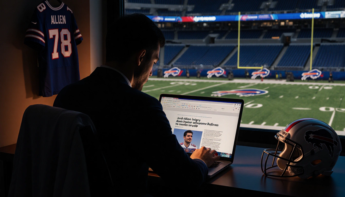 Sports journalist reads injury article on laptop with glowing screen and Bills field visible through window