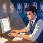 Sportsbook operator examining mock bet slip on laptop with a skeptical look and NBA team logos around city skyline backdrop.