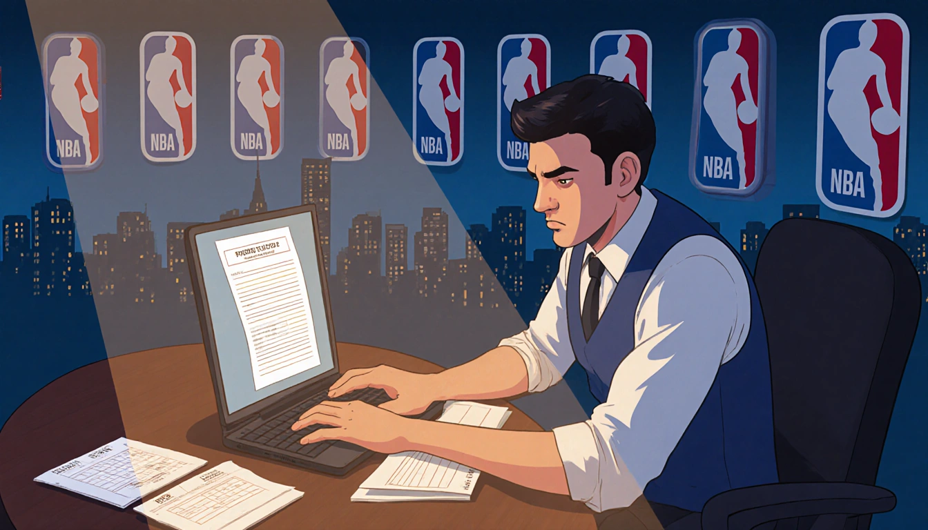Sportsbook operator examining mock bet slip on laptop with a skeptical look and NBA team logos around city skyline backdrop.