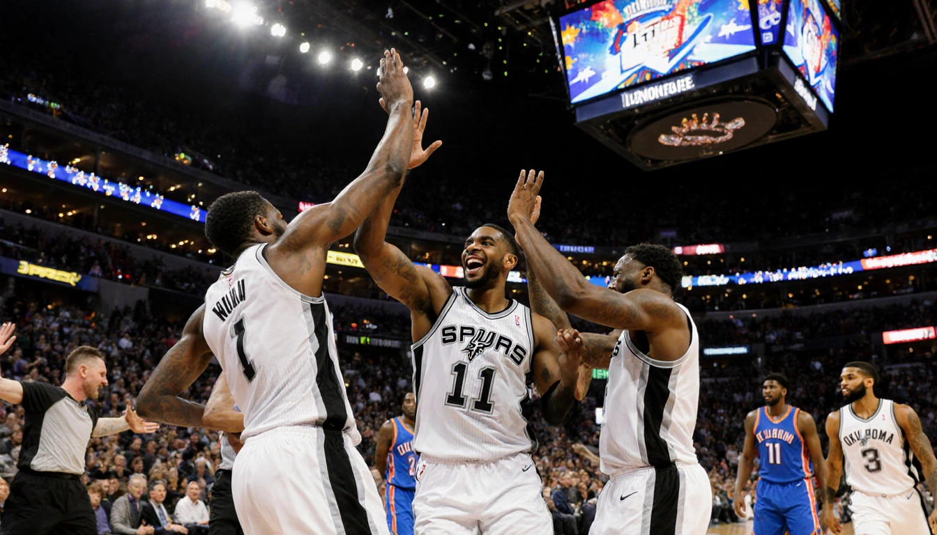 Spurs players high-fiving with Wembanyama center while scoreboard reads 117-102 Thunder bench looks festive lights