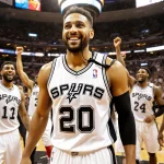 Mitch Johnson stands triumphantly in Spurs jersey with teammates for championship victory a whistle hanging on Mitchell Robin