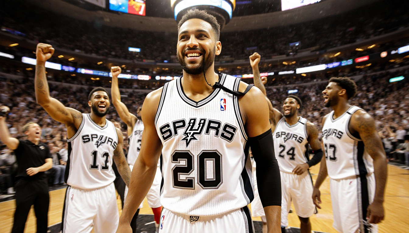 Mitch Johnson stands triumphantly in Spurs jersey with teammates for championship victory a whistle hanging on Mitchell Robin
