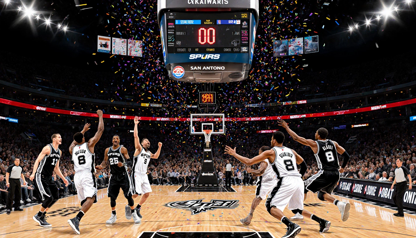Spurs players driving toward basket with confetti erupting and Oklahoma City scoreboard showing lead