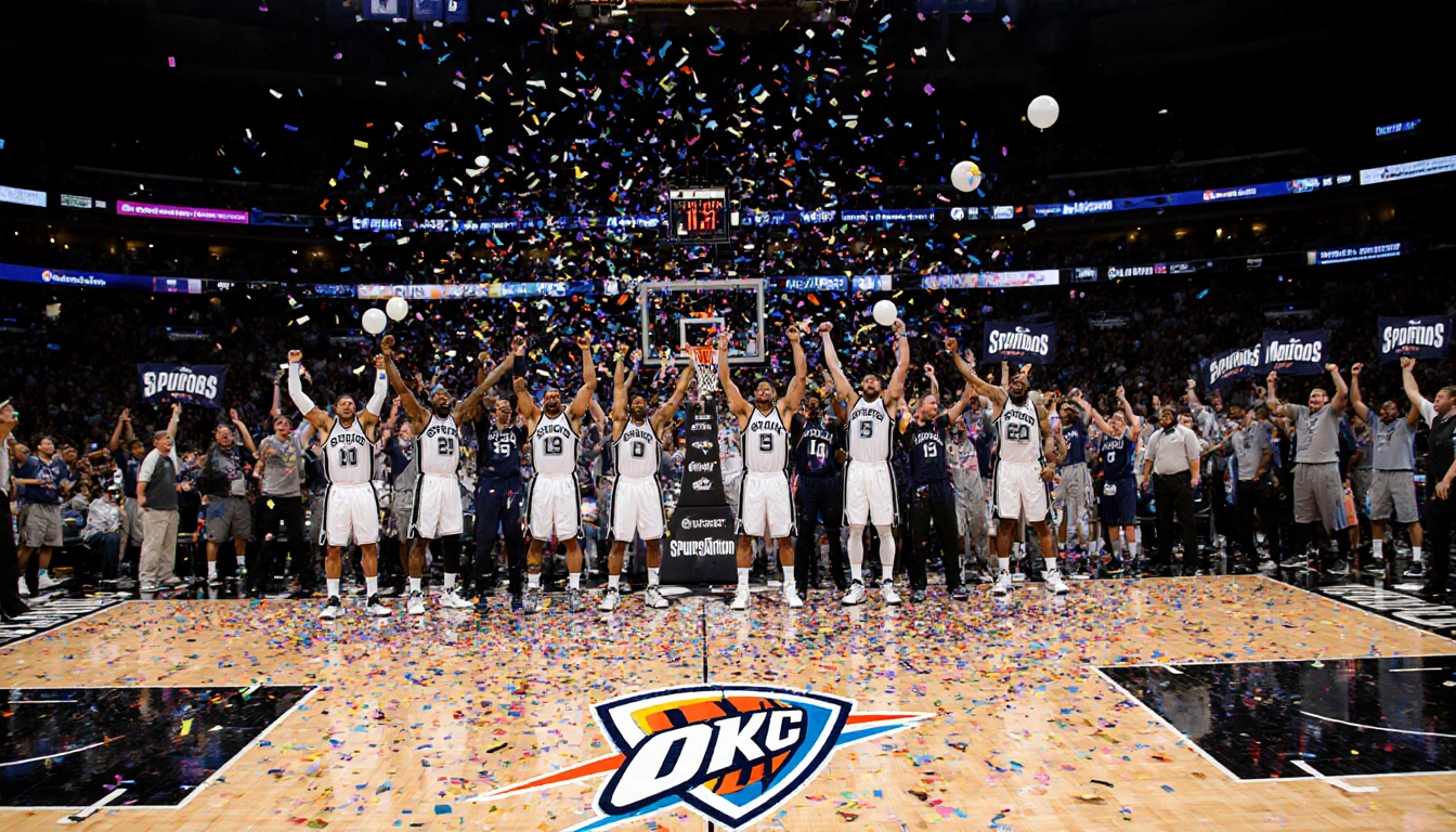 Spurs bench players erupt with joy with confetti and bright spotlights and a blurred cheering crowd.