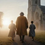 King Charles III and his royal family walking toward camera with foggy morning swirling around their feet near the church