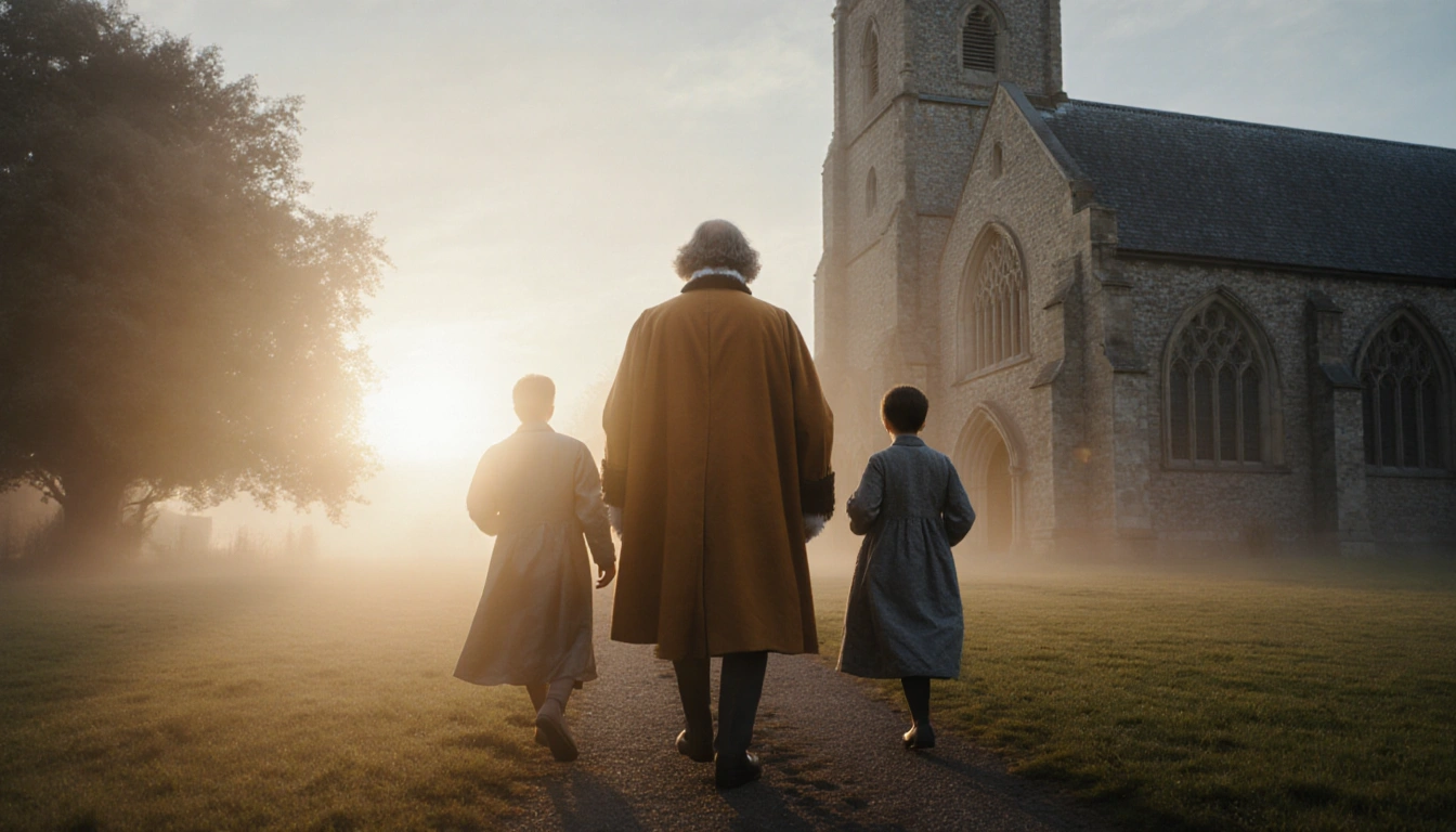 King Charles III and his royal family walking toward camera with foggy morning swirling around their feet near the church