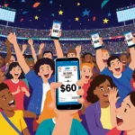 Fans cheer with smartphones showing $60 ticket price amid bright stadium lights