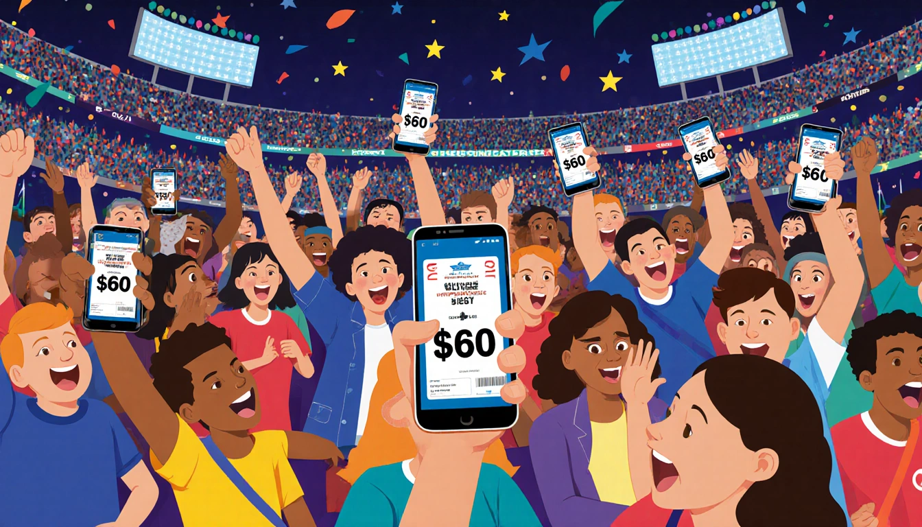 Fans cheer with smartphones showing $60 ticket price amid bright stadium lights