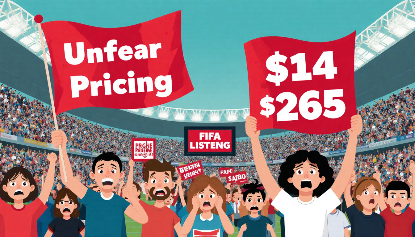 Fans protest in stadium with angry signs and red ticket price board showing $140-$265 controversy