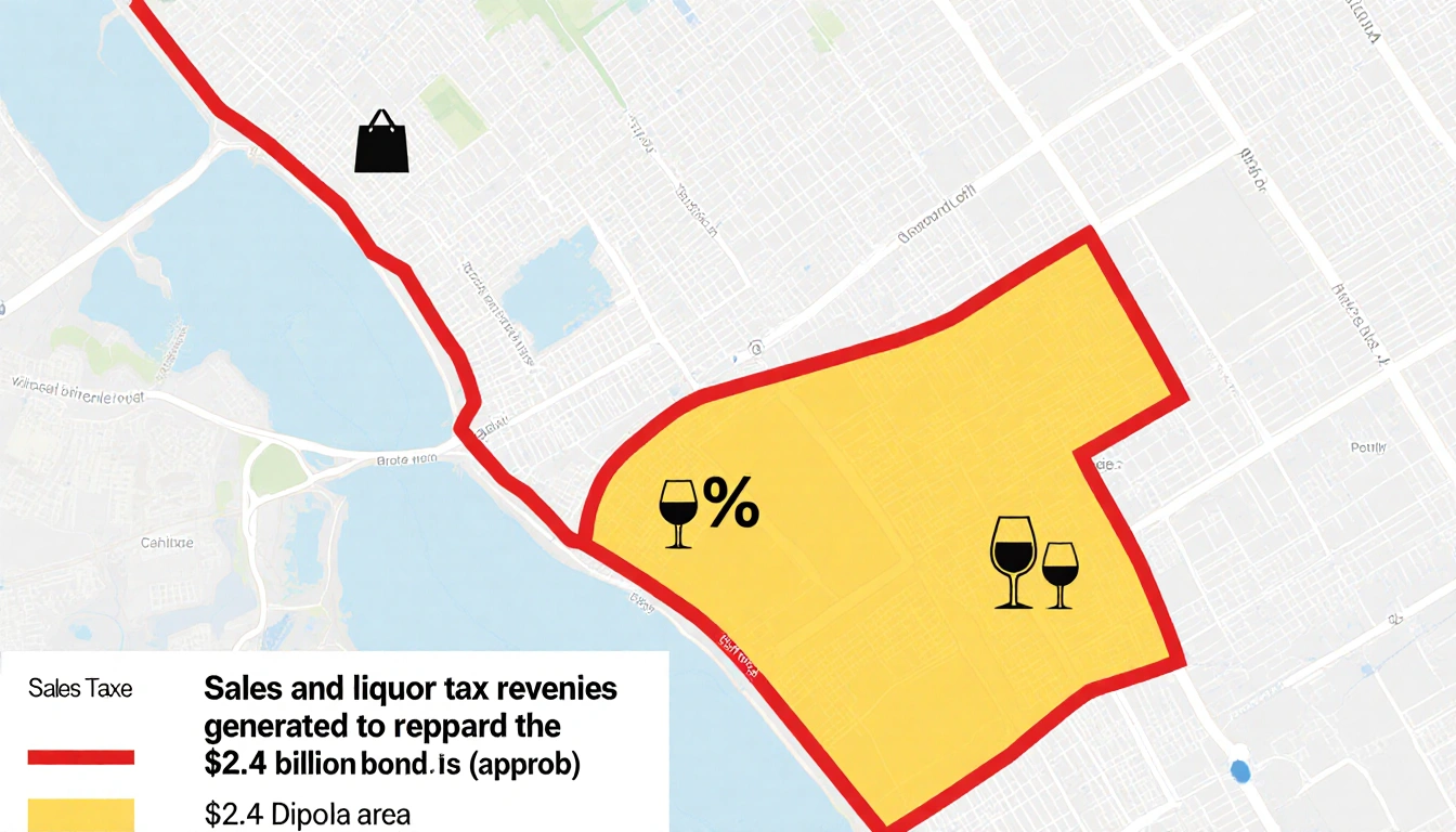 Map outlines new stadium area with red boundary showing tax revenue zone and yellow 60% coverage zone