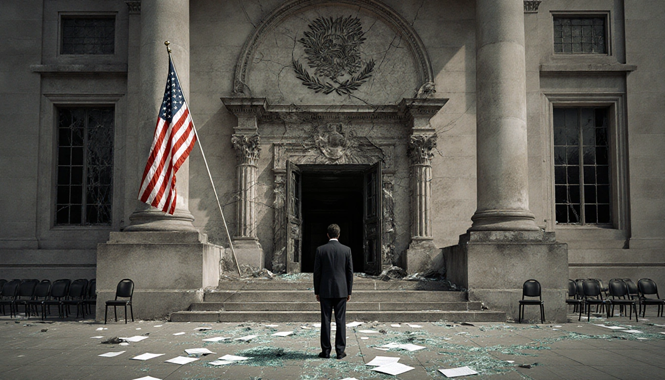 Solitary figure standing outside entrance looking back at building with cracked foundation logo and scattered exodus papers