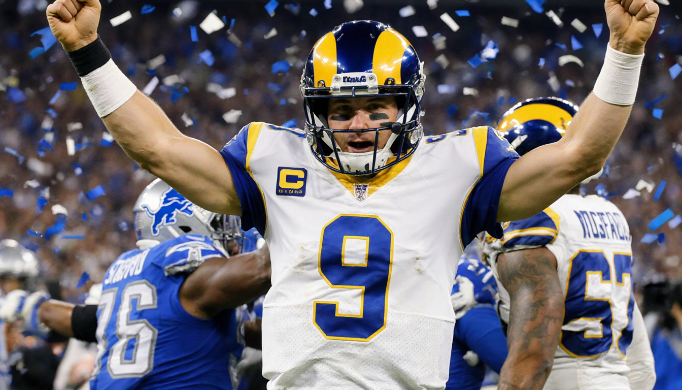 Matthew Stafford celebrates victory with arms raised and confetti swirling around him in a stadium backdrop