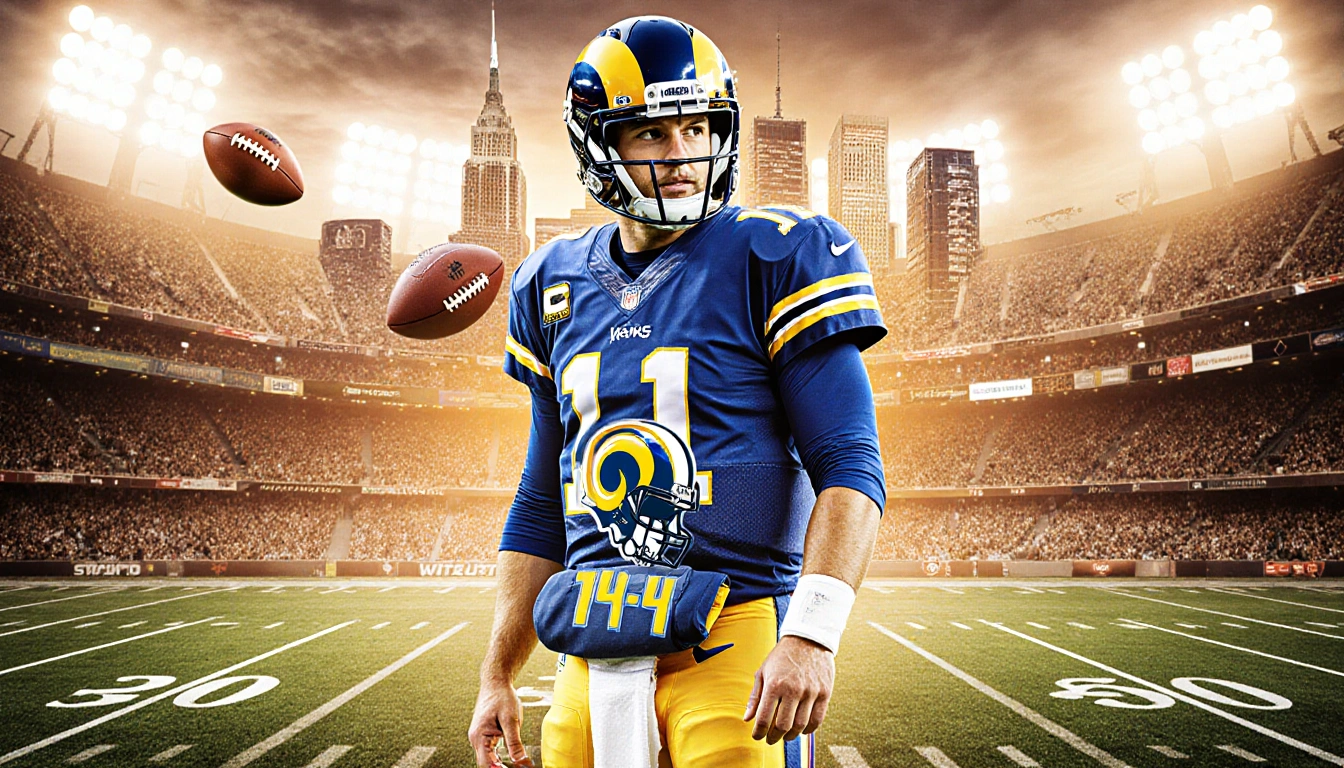 Tom Stafford standing with a stadium backdrop and football field showing his 11-4 Rams record