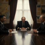 Blaise Metreweli and Russian President Putin sit at table with peace talks on walls and window glow