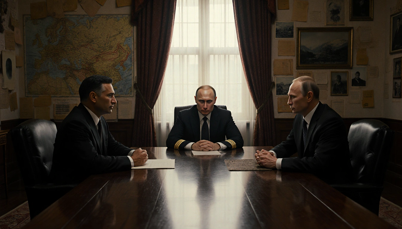 Blaise Metreweli and Russian President Putin sit at table with peace talks on walls and window glow