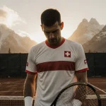 Stan Wawrinka stands on a wooden tennis court at sunset holding a vintage racket with the Swiss Alps glowing in the backgroun