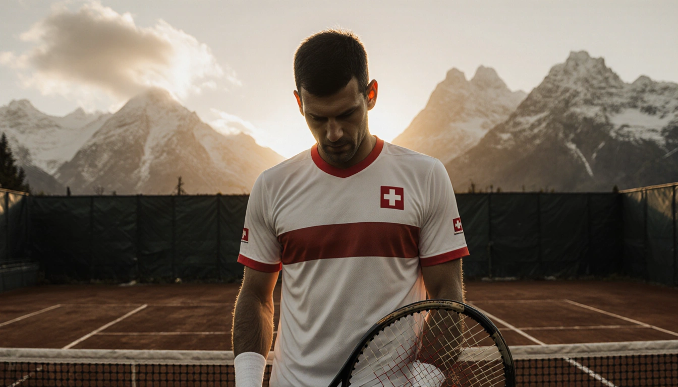 Stan Wawrinka stands on a wooden tennis court at sunset holding a vintage racket with the Swiss Alps glowing in the backgroun