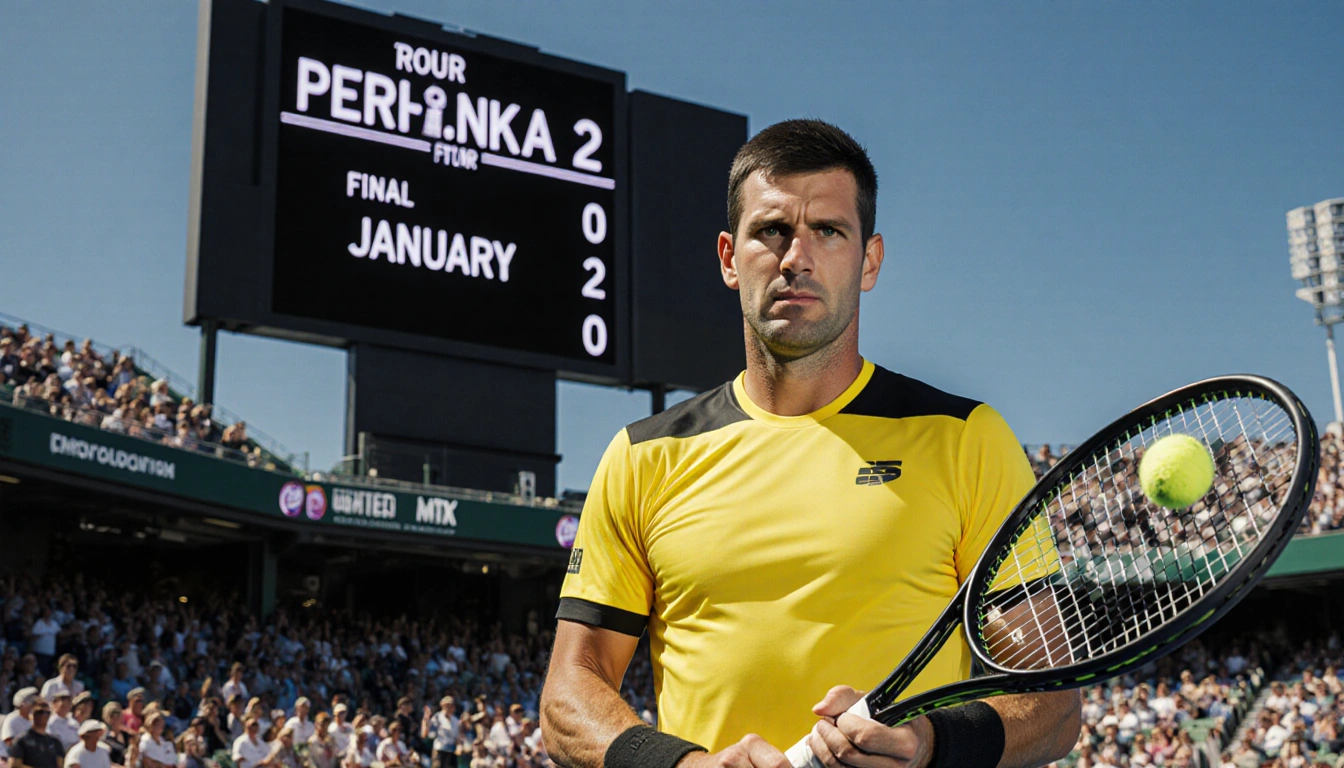 Stan Wawrinka yellow and black holding a racket on tennis court near scoreboard January 2 before Perth stadium crowd