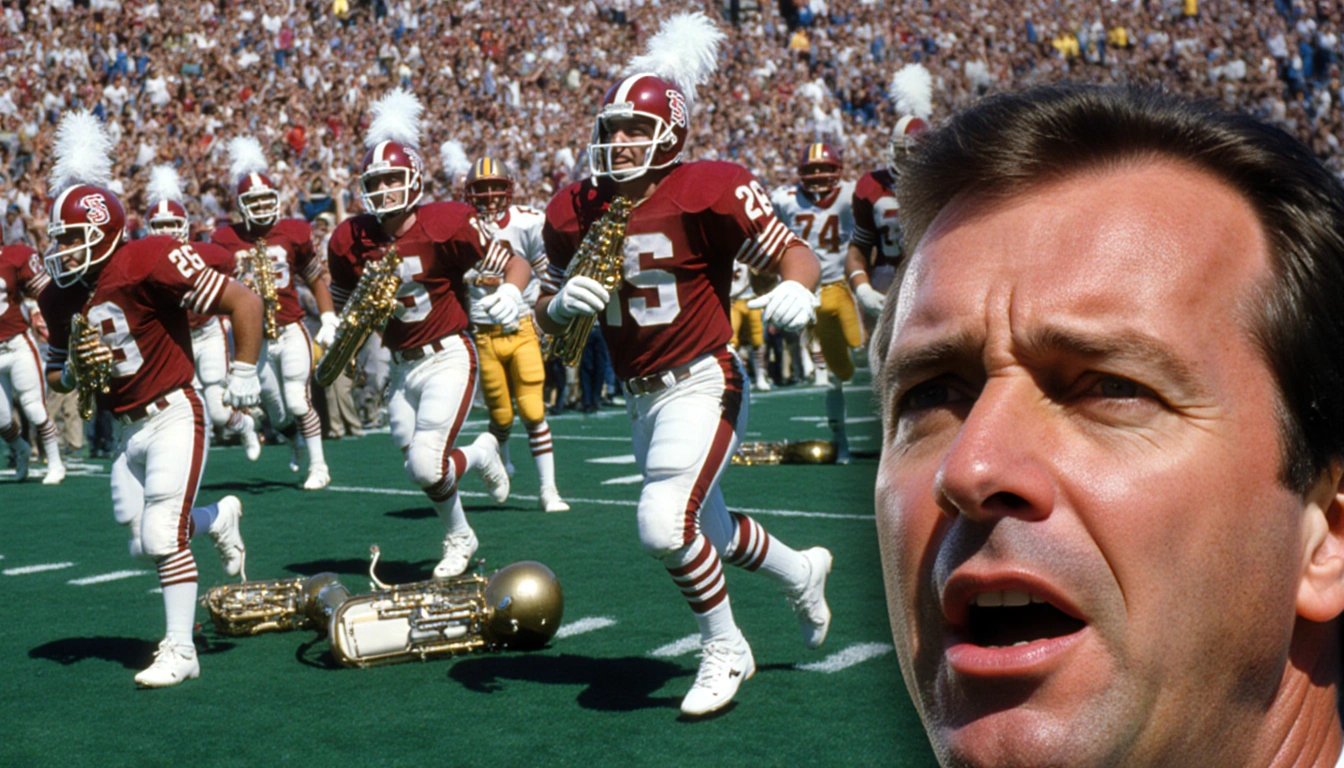 Stanford band rushing onto field during Big Game with instruments scattered and Paul Wiggin shocked in foreground