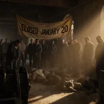 Mournful workers standing in dim St. Ann