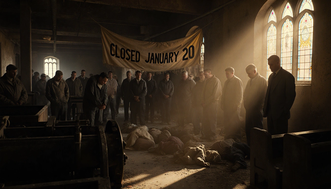 Mournful workers standing in dim St. Ann