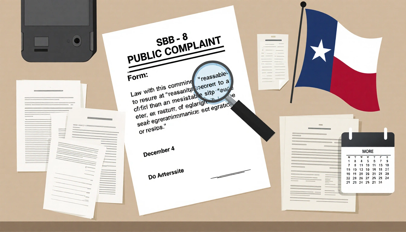 Magnifying glass highlighting reasonable steps clause on complaint form about SB 8 with Texas flag and calendar nearby.