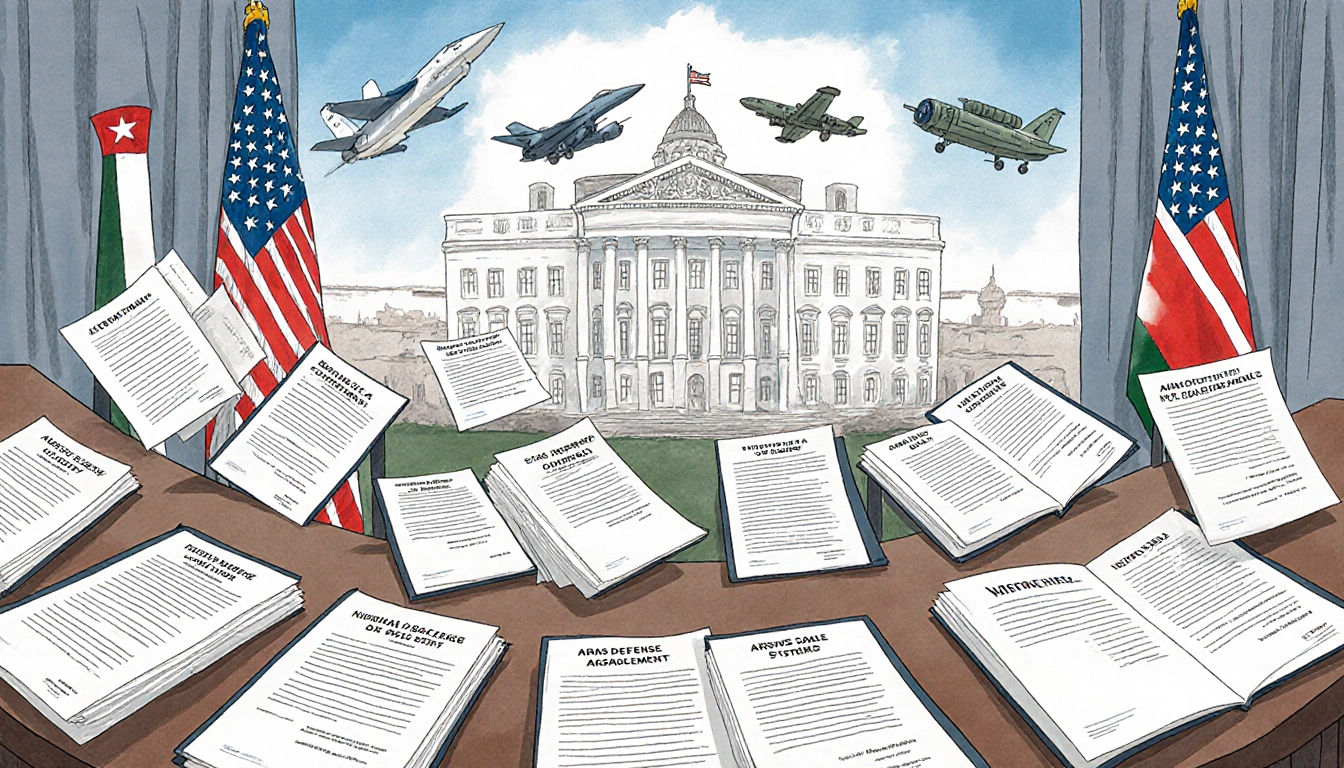 State Department officials release arms sales agreements with papers spread on tables and the flag in the background.