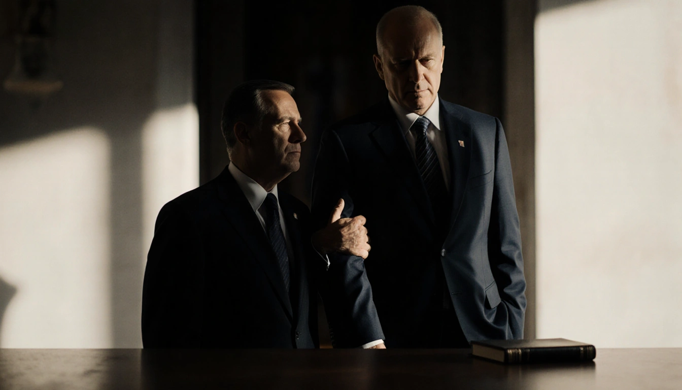 U.S. State Department official supporting a Mexican government official with a small leather-bound book in the foreground