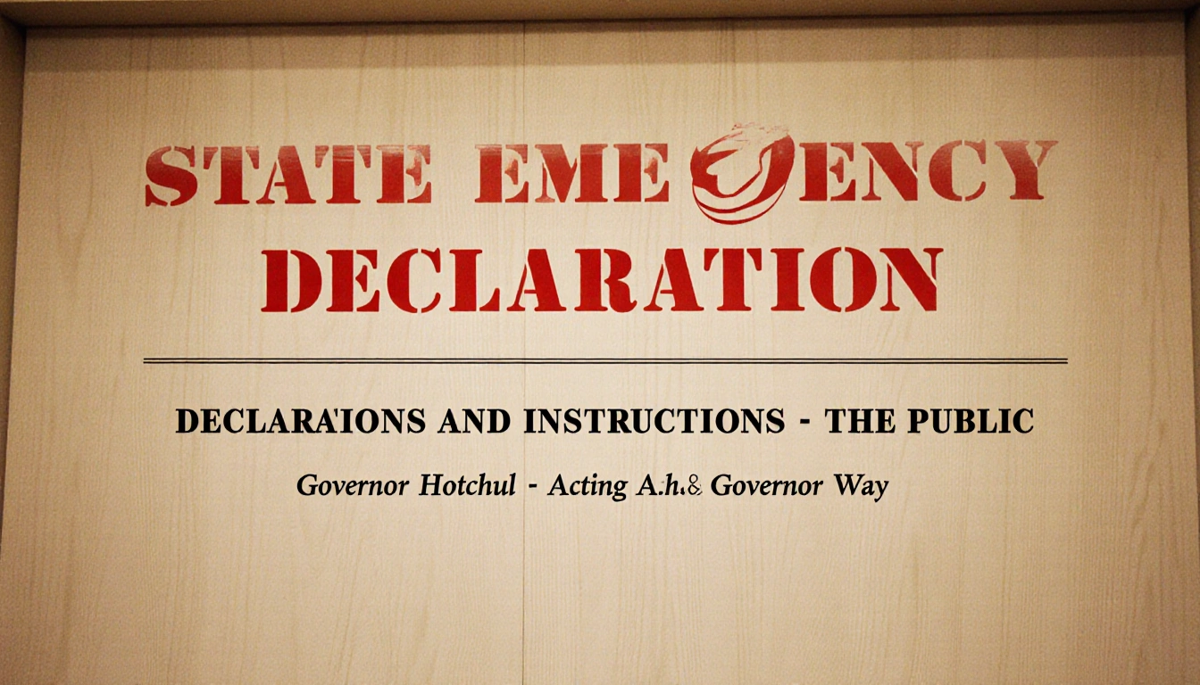 Red bold header STATE OF EMERGENCY spans poster with Governor Hochul and Acting Governor Way names below on warm wood