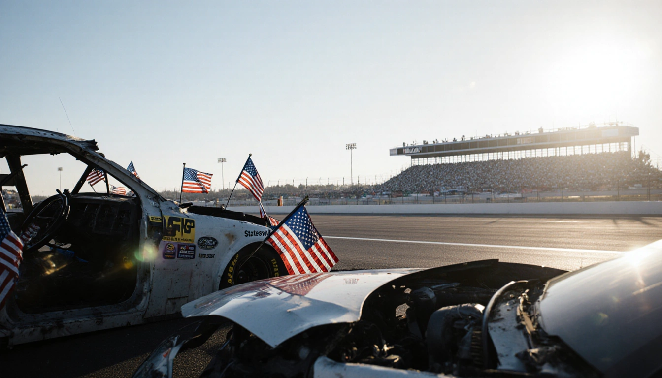 Crashed airplane wreckage displaying American flags with Greg Biffle