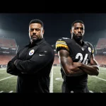 Mike Tomlin Steelers coach standing beside suspended DK Metcalf with black jerseys gazes stadium lights glow in background.