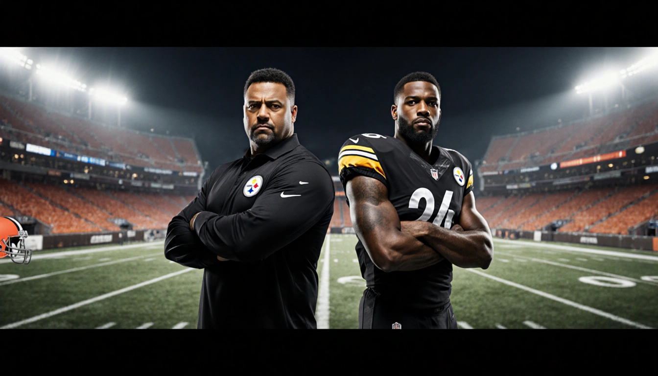 Mike Tomlin Steelers coach standing beside suspended DK Metcalf with black jerseys gazes stadium lights glow in background.