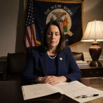 Rep. Stefanik sits at her congressional desk with an open letter beside a pen nib, a faded New York flag behind.