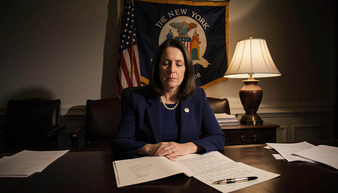 Rep. Stefanik sits at her congressional desk with an open letter beside a pen nib, a faded New York flag behind.