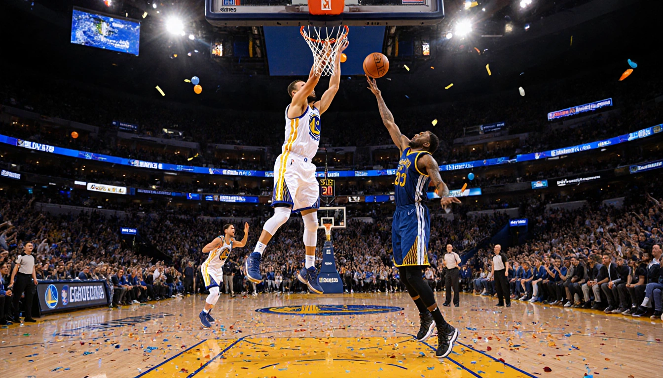 Stephen Curry shooting a high-arcing three-pointer over Jimmy Butler with Warriors bench erupting in confetti
