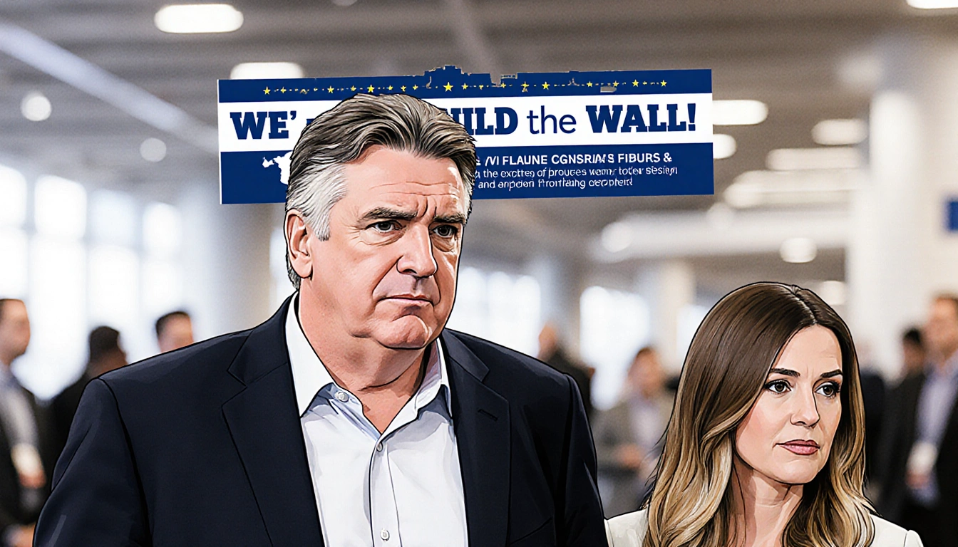Steve Bannon standing beside Ghislaine Maxwell with a serious expression and a subtle We Build the Wall logo on a backdrop.