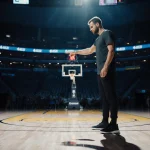 Steve Kerr pointing at an empty shooting lane on a night basketball court with a dim cityscape behind