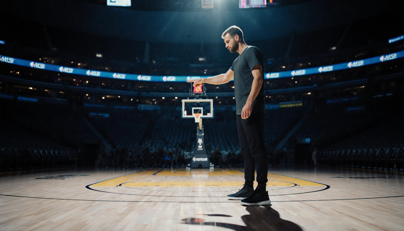 Steve Kerr pointing at an empty shooting lane on a night basketball court with a dim cityscape behind